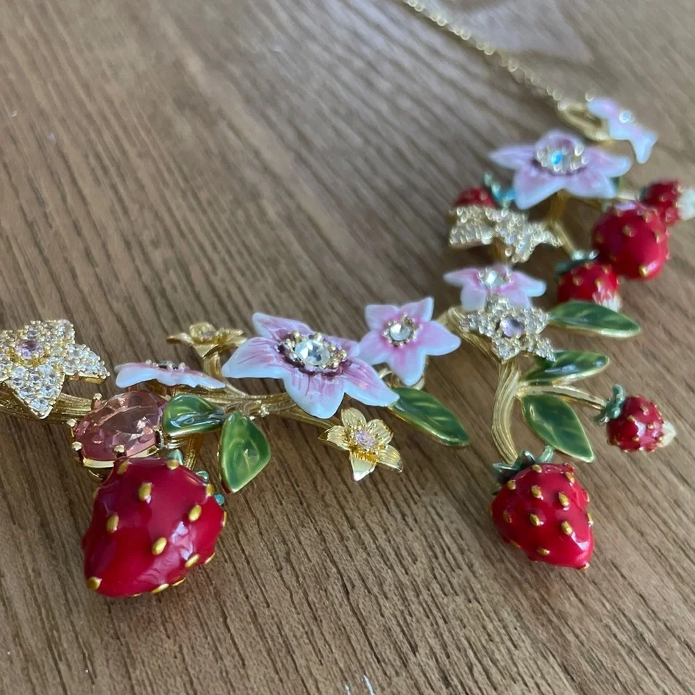 Anthropologie Pink, Red & Green Strawberry Floral Necklace - Picture 3 of 10